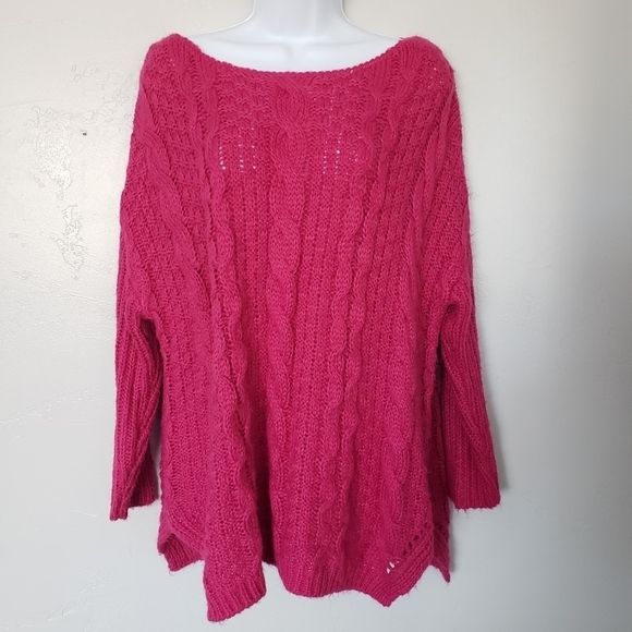 Pink Lily Small Oversized Cable Knit Sweater Wide Neck Magenta Fall Winter Cozy - Picture 1 of 7